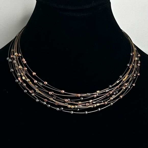 No Brand Jewelry - 3-Color Wire Beaded Choker Necklace Women's Silver Rose & Gold-tone Multi-strand